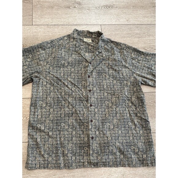 LL BEAN Shirt Mens Large Batik Mayan Aloha Print Aztec Button Up Camp Cotton - Picture 1 of 6